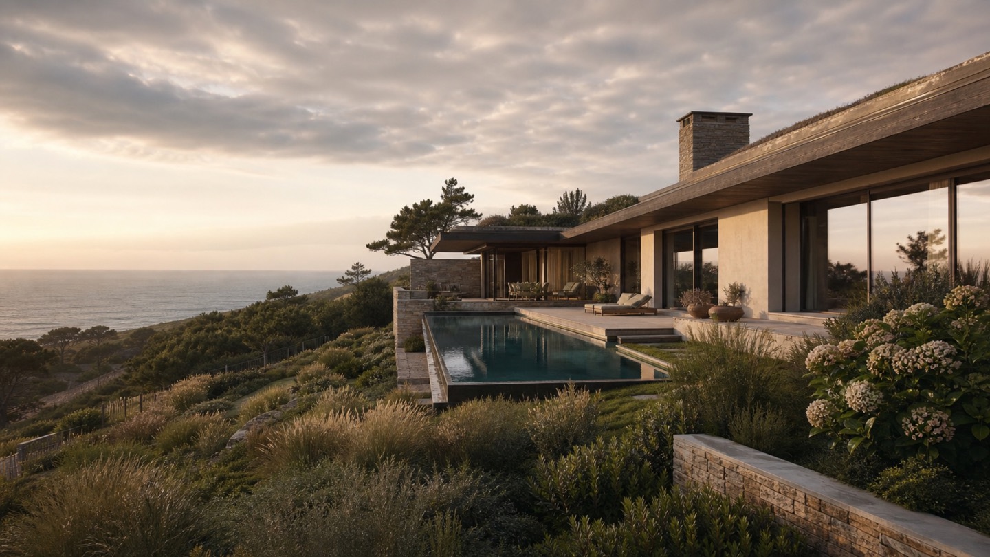 Perspective conceptuelle d’une villa contemporaine intégrée à un paysage côtier atlantique